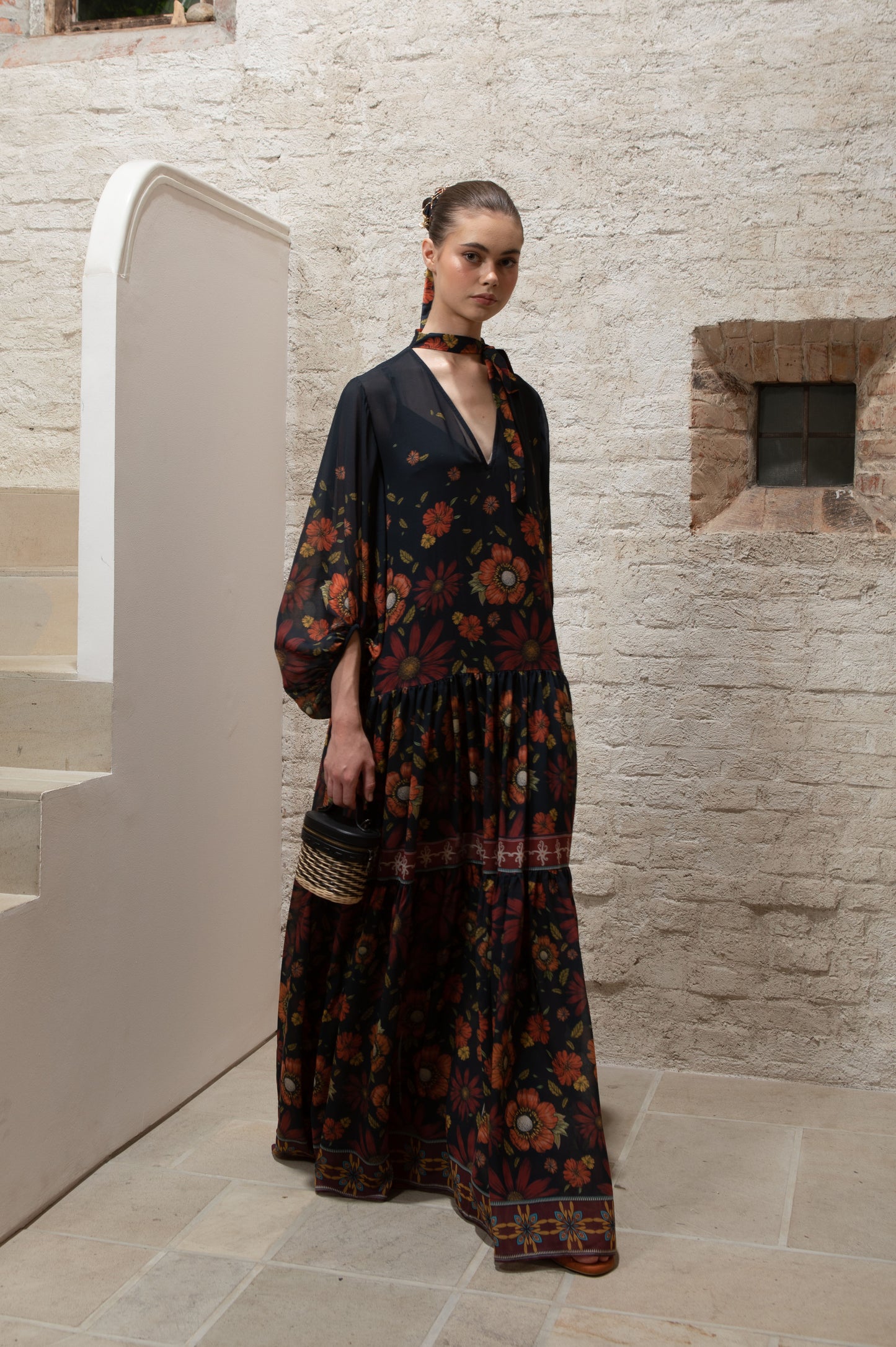 VT 8670 Rona Sifon Gathered Long-dress with Puffed Sleeve in Navy