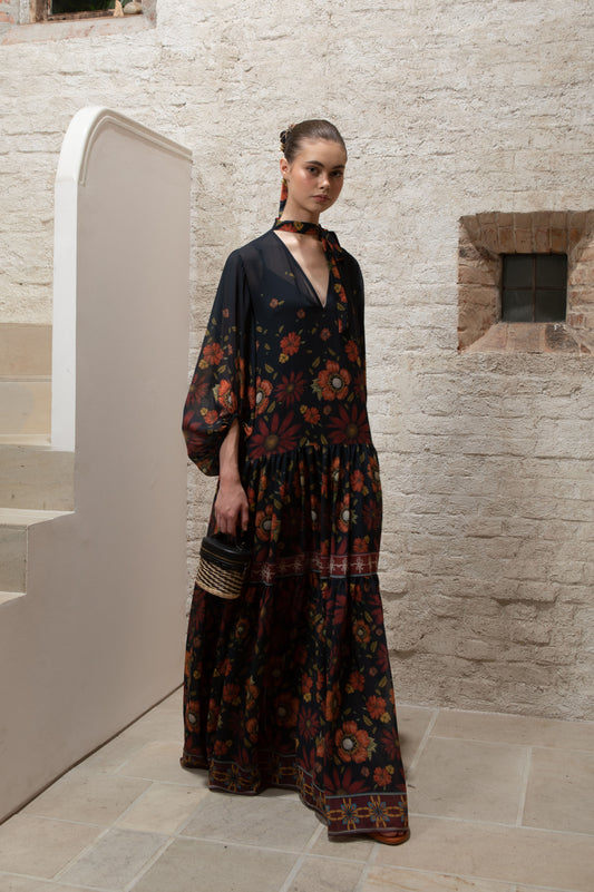 VT 8670 Rona Sifon Gathered Long-dress with Puffed Sleeve in Navy
