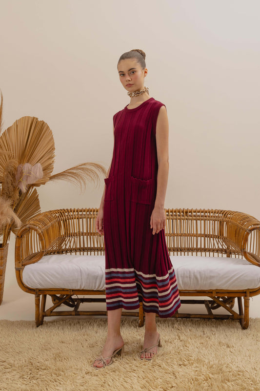 VT 8677-2 Knitted Midi Dress in Wine
