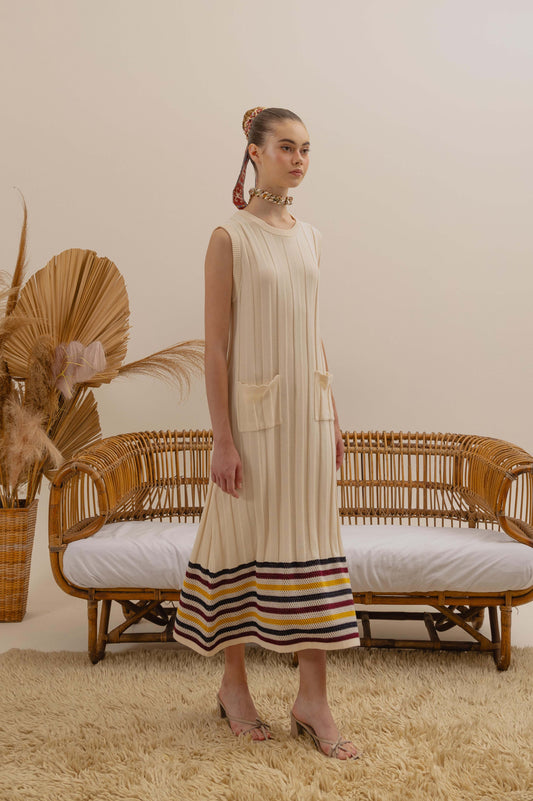 VT 8677-1 Knitted Midi Dress in Ecru