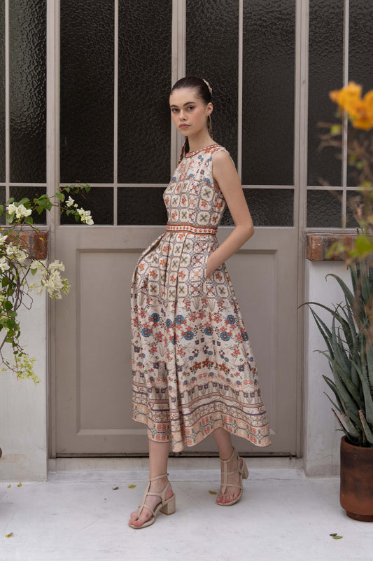 VT 8644 Amara Pleated Shantung Midi Dress