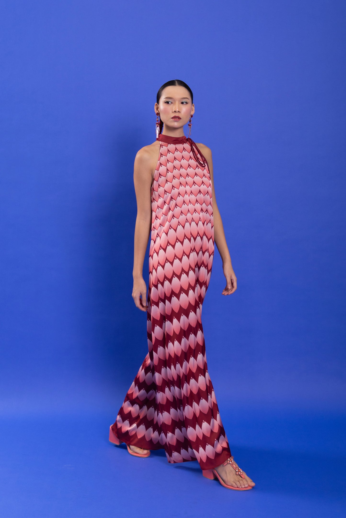 VT 8572-1 Ping Satin Long Halter Dress