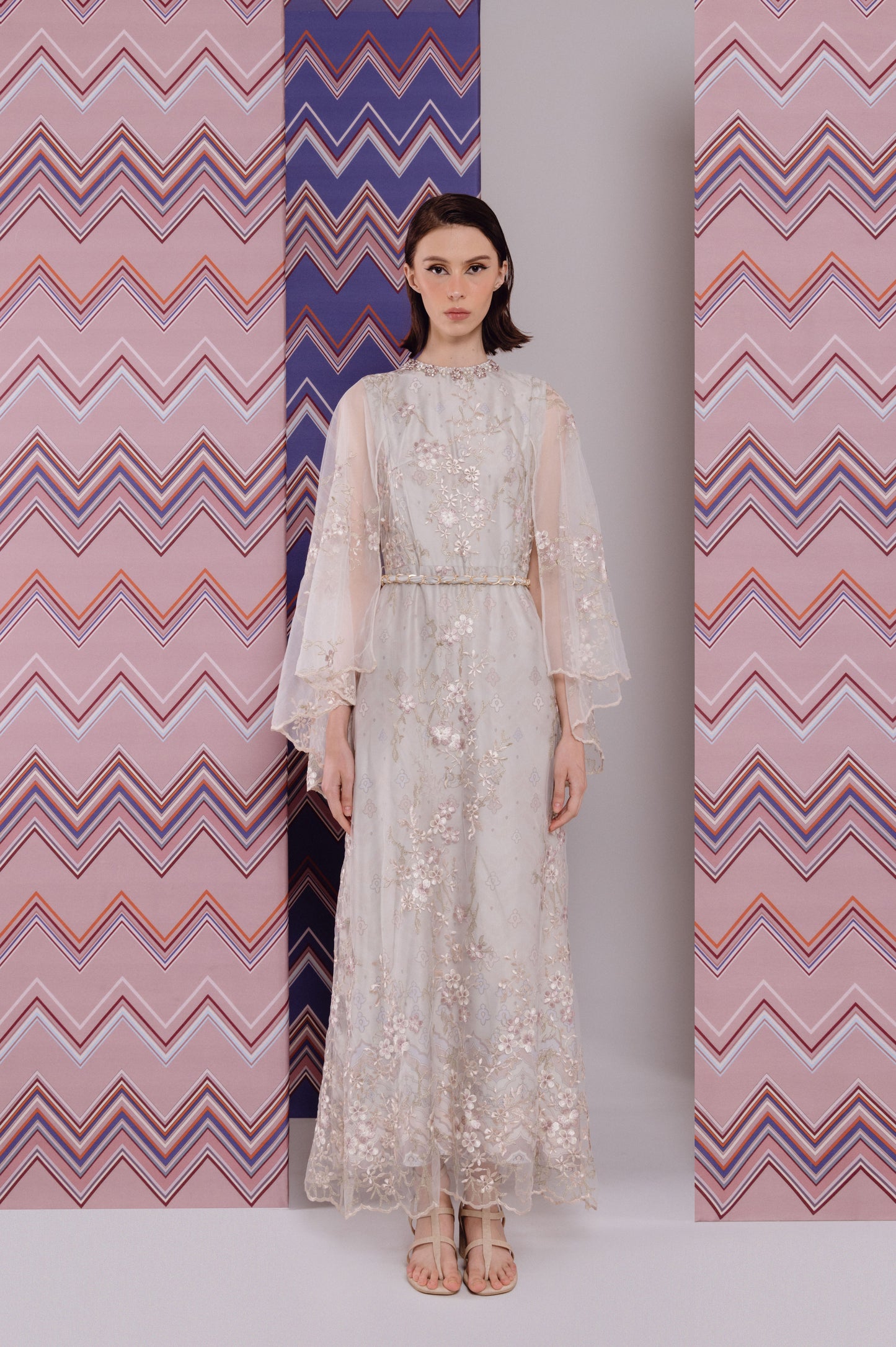 VT 8716 Embroidery Tulle Dress in Creme