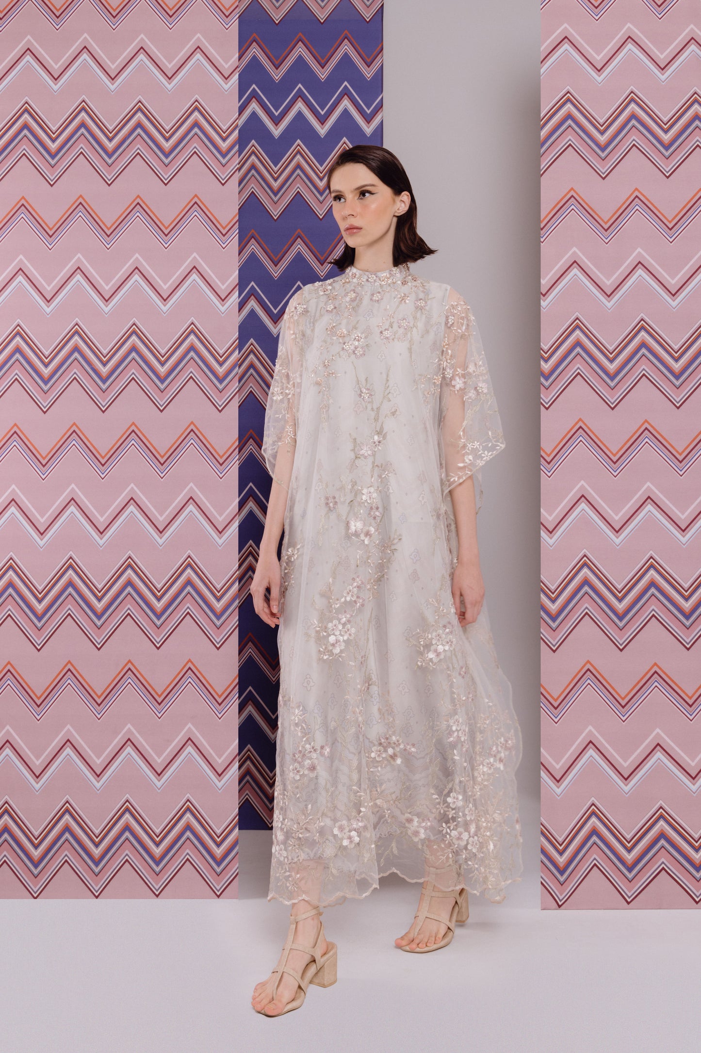 VT 8719 Embroidery Tulle Dress in Creme