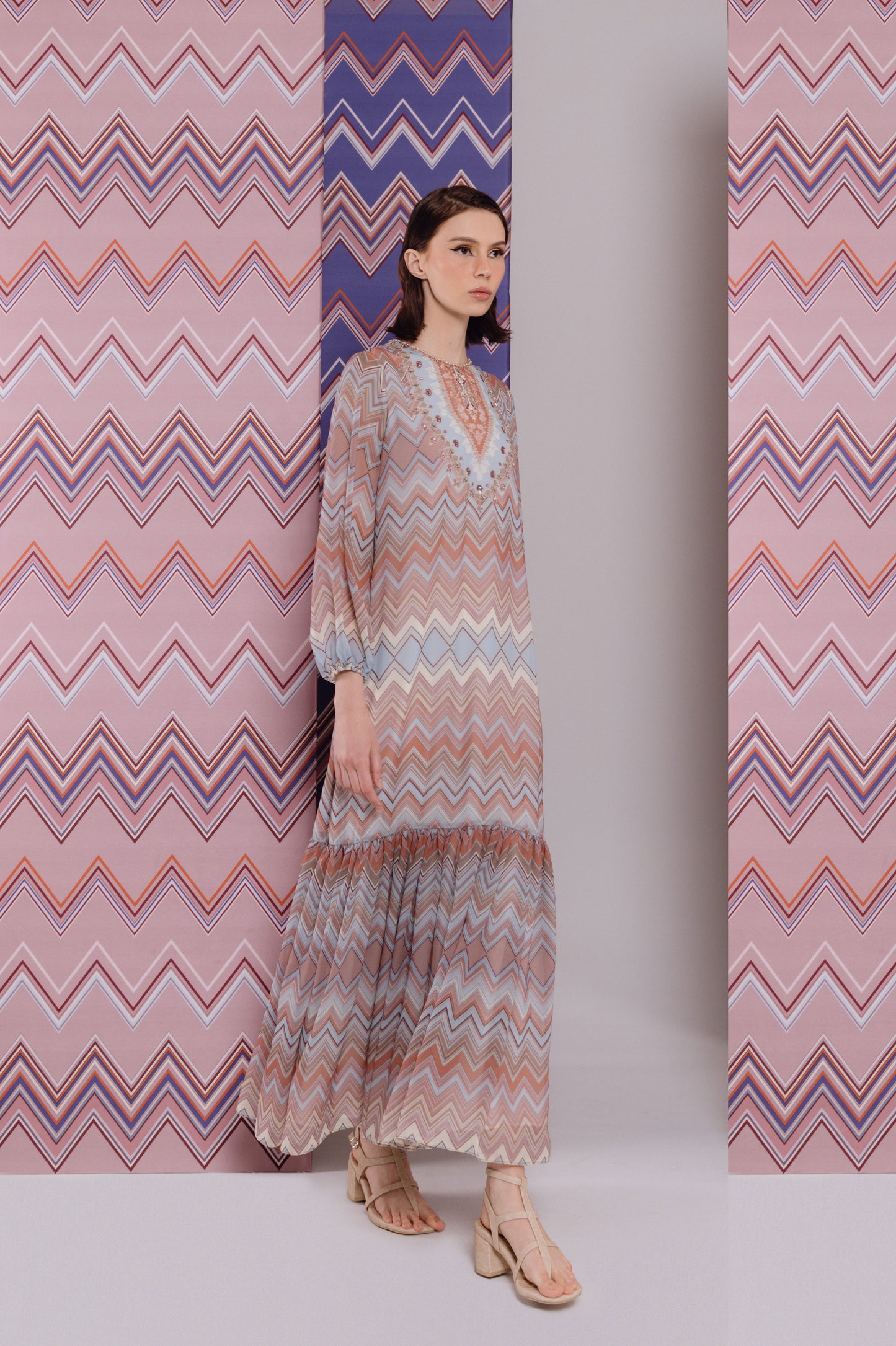 VT 8735 Sepa Gathered Chiffon Maxi Dress