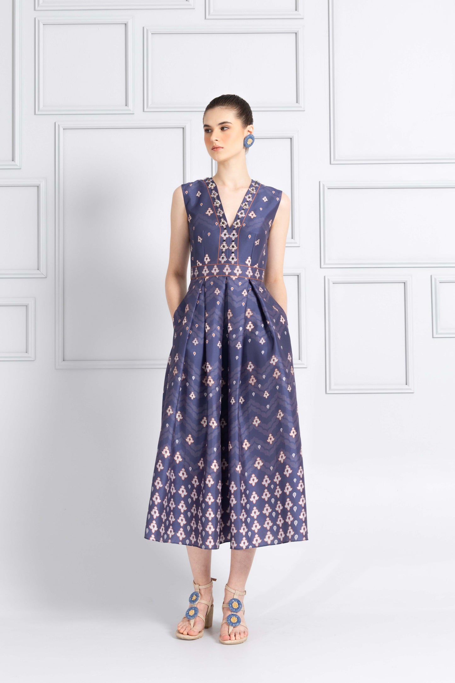 VT 8744-1 Danum Shantung Pleated Midi-dress in Blue
