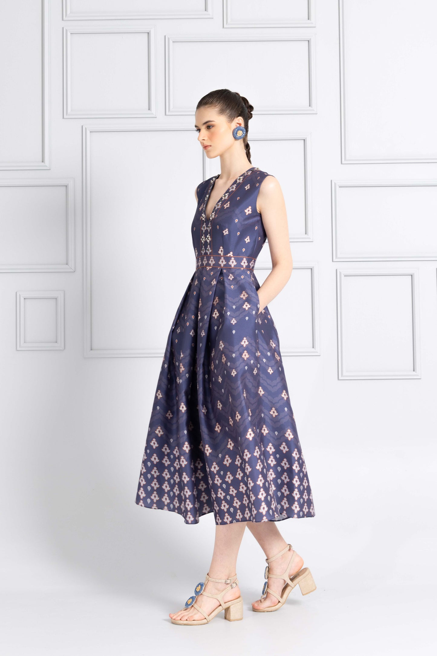 VT 8744-1 Danum Shantung Pleated Midi-dress in Blue