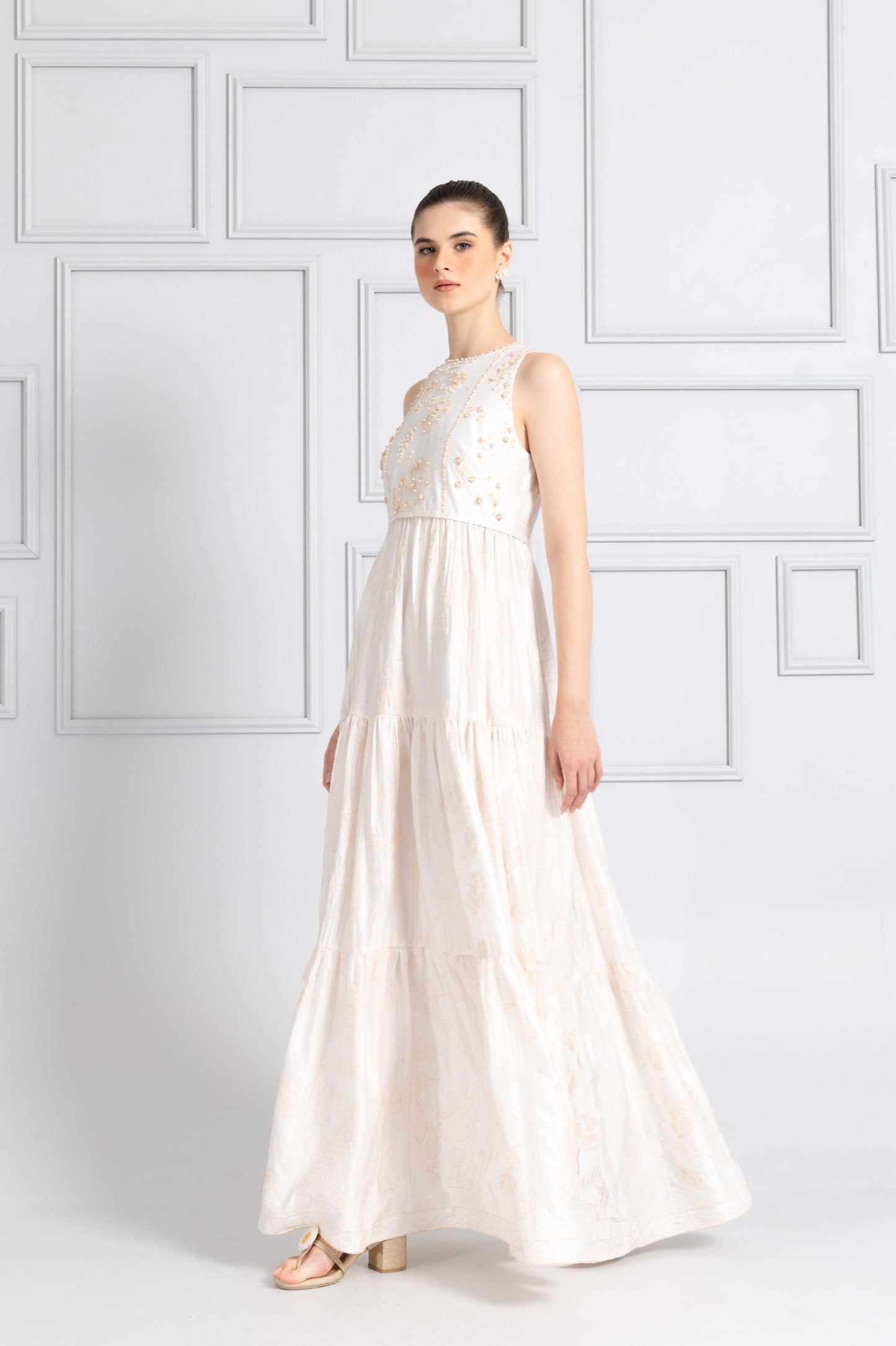 VT 8771 Satin Embroidered Gathered Long-dress