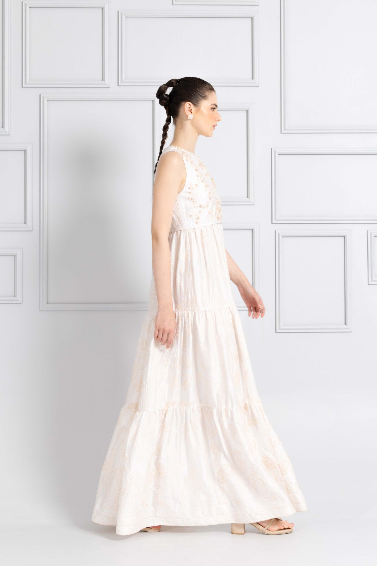 VT 8771 Satin Embroidered Gathered Long-dress