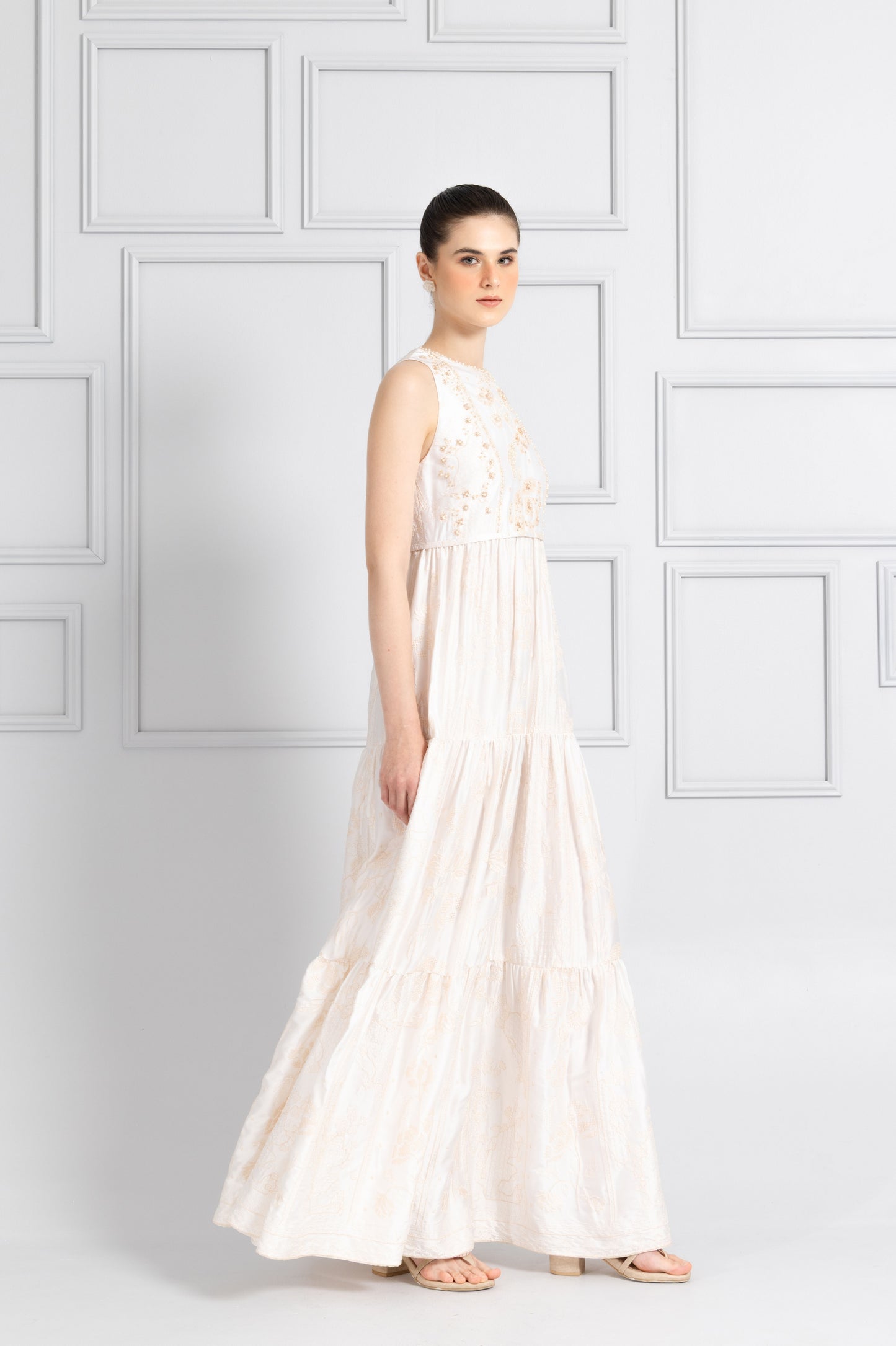 VT 8771 Satin Embroidered Gathered Long-dress