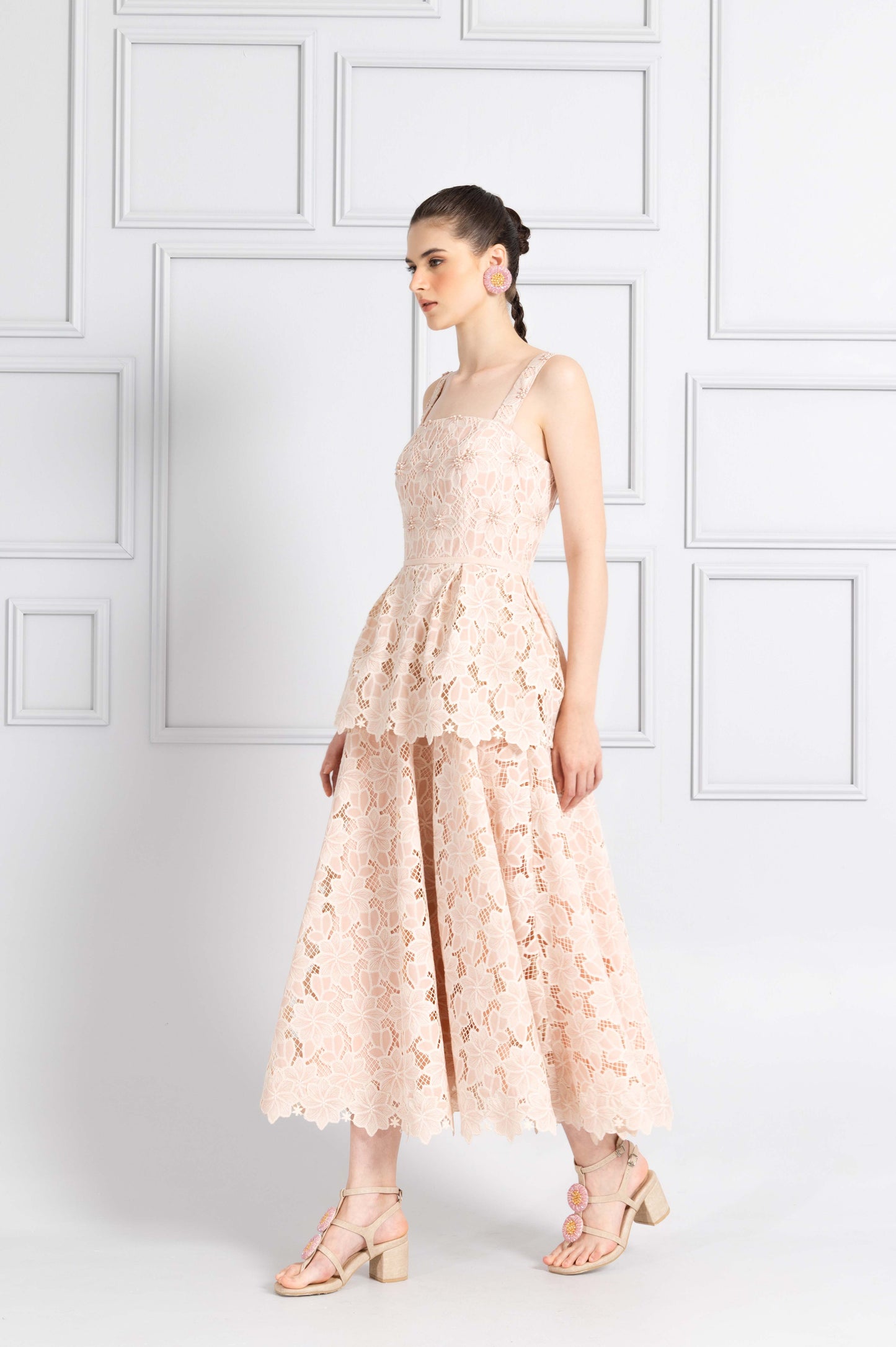 VT 8760 Floral Embroidered Midi Dress in Blush