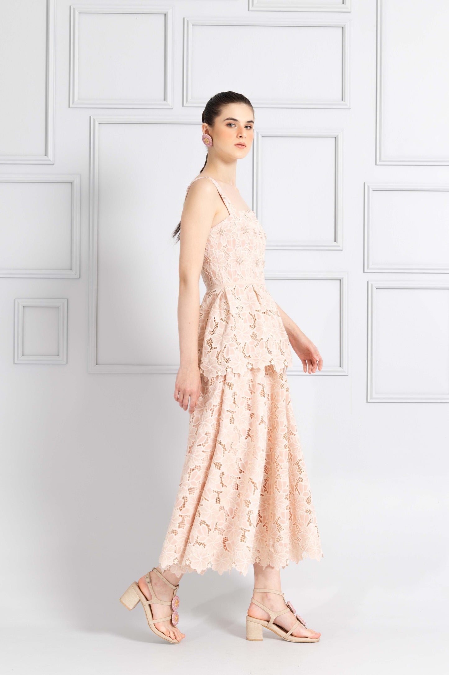 VT 8760 Floral Embroidered Midi Dress in Blush