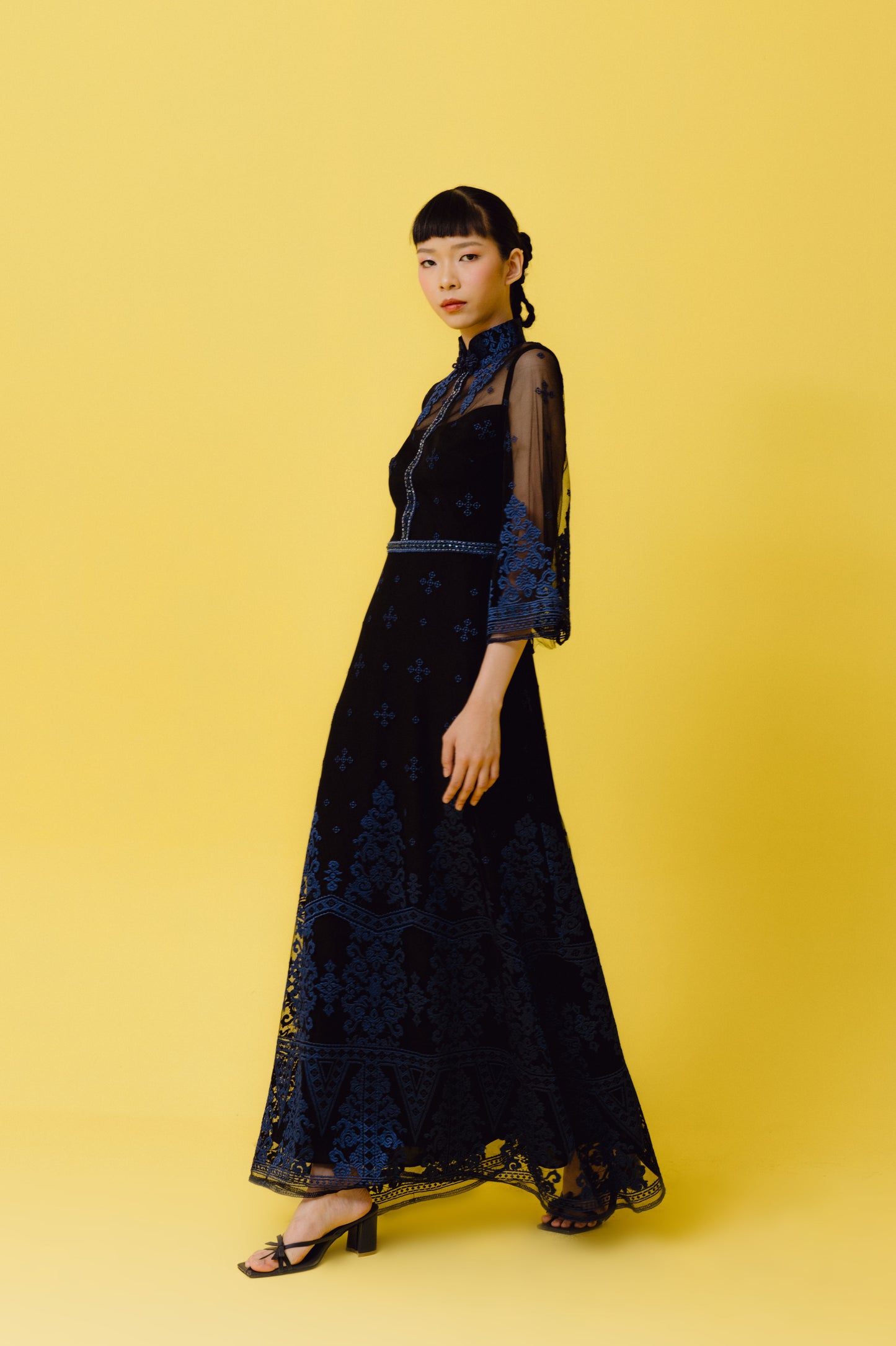 VT 8709 Black Tulle ankle dress with Navy Embroidery