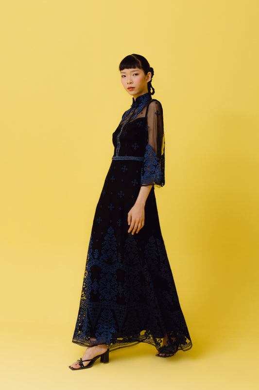 VT 8709 Black Tulle ankle dress with Navy Embroidery