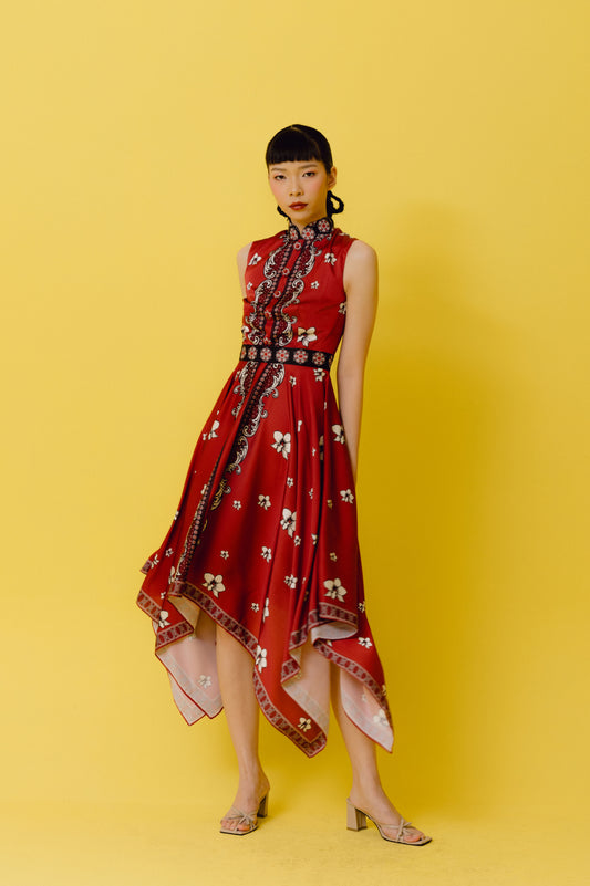 VT 8688 Lihua Satin Flare Dress in Cherry