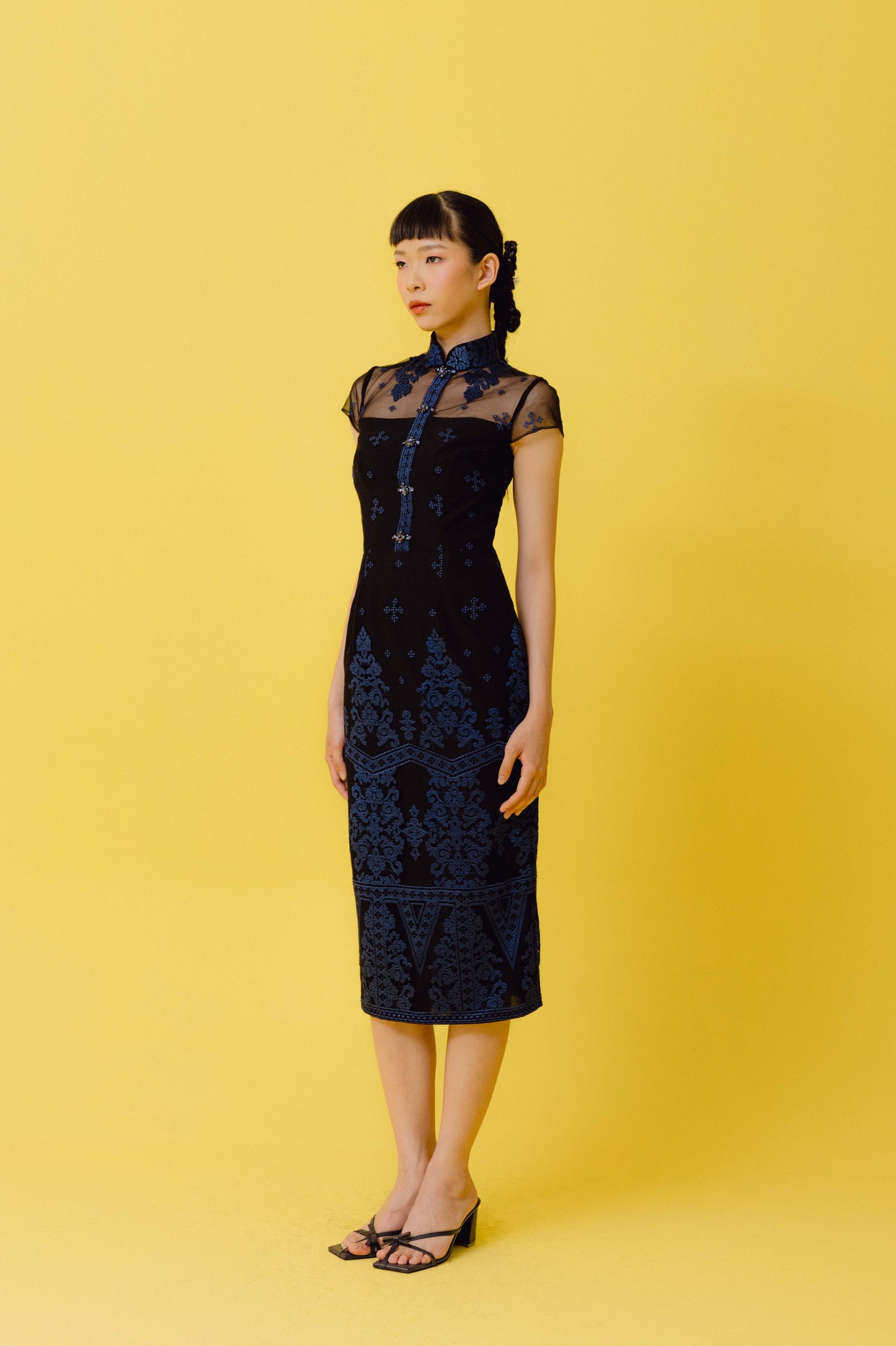 VT 8710 Black Tulle Qipao with Navy Embroidery