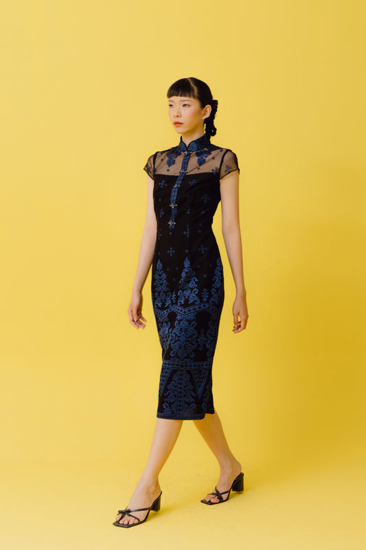 VT 8710 Black Tulle Qipao with Navy Embroidery