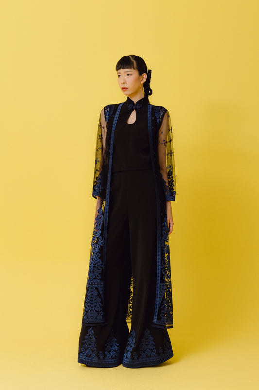 VT 8708 / VT 8707 / VT 8689-4 Black Tulle Outer With Navy Embroidery Set