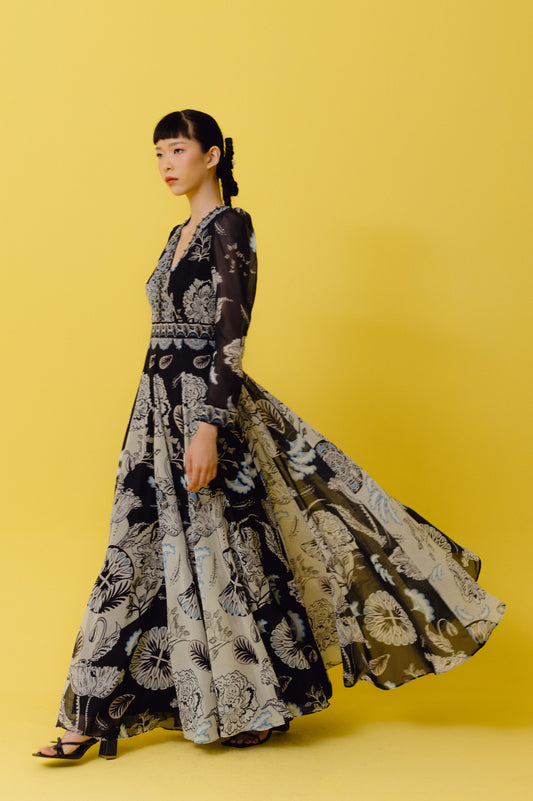 VT 8706 AN Chiffon Gored Long-dress in Navy