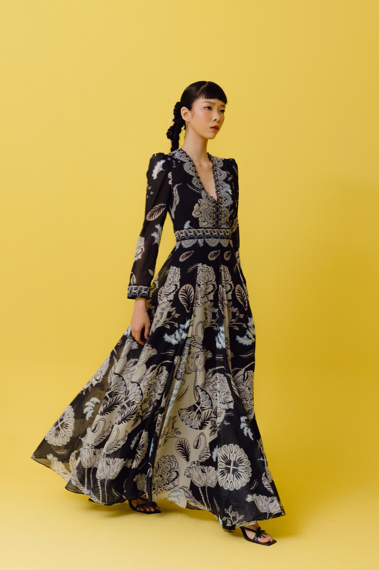 VT 8706 AN Chiffon Gored Long-dress in Navy