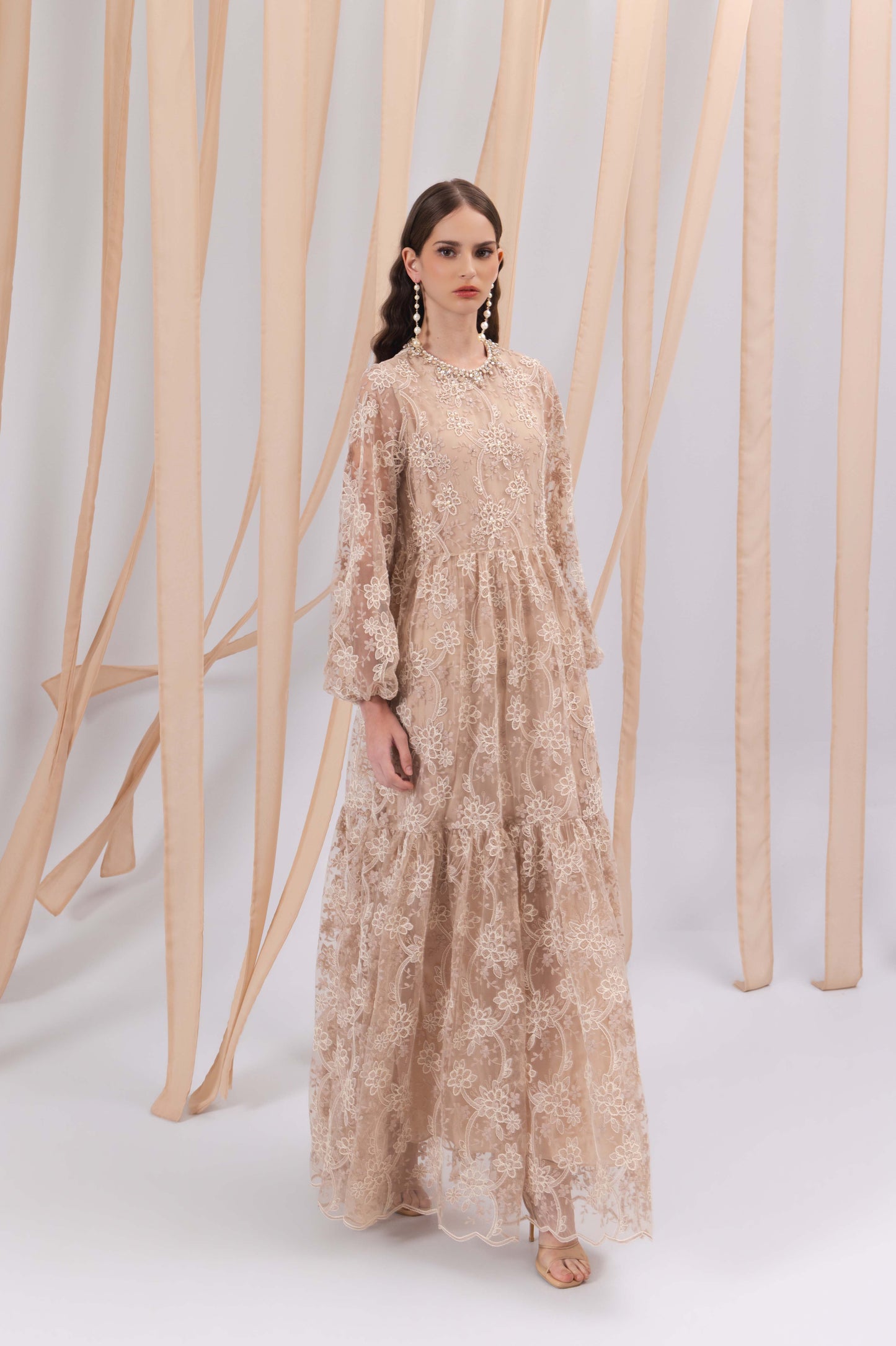 VT 8862 Brocade Maxi Dress in Pink