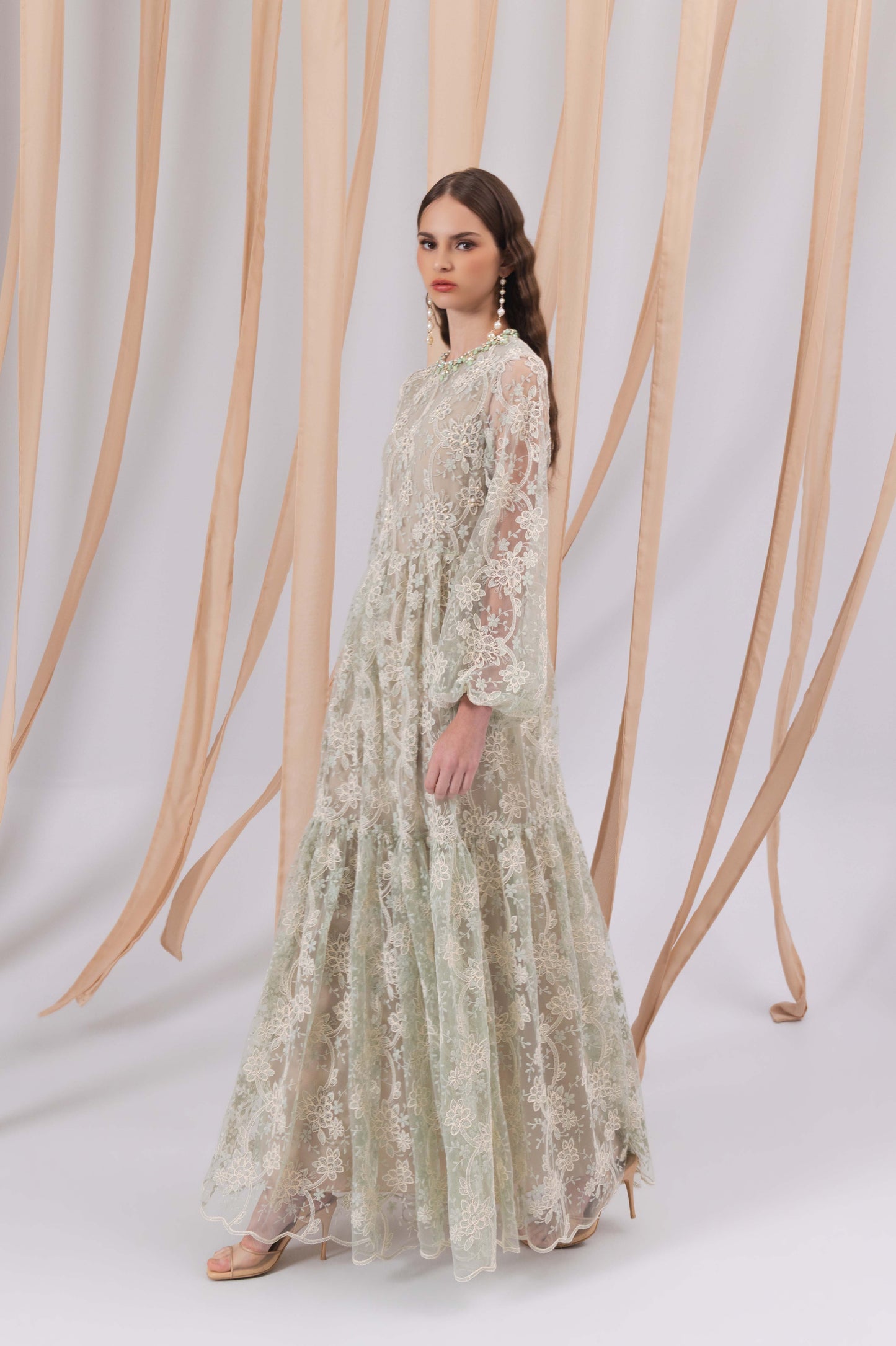 VT 8862-1 Brocade Maxi Dress in Green