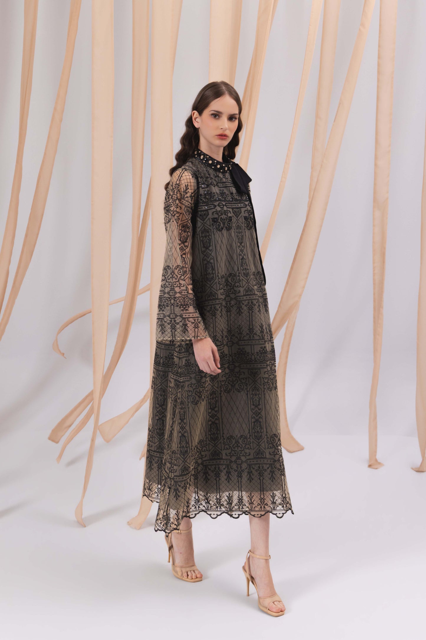 VT 8847 Brocade Midi Dress in Black