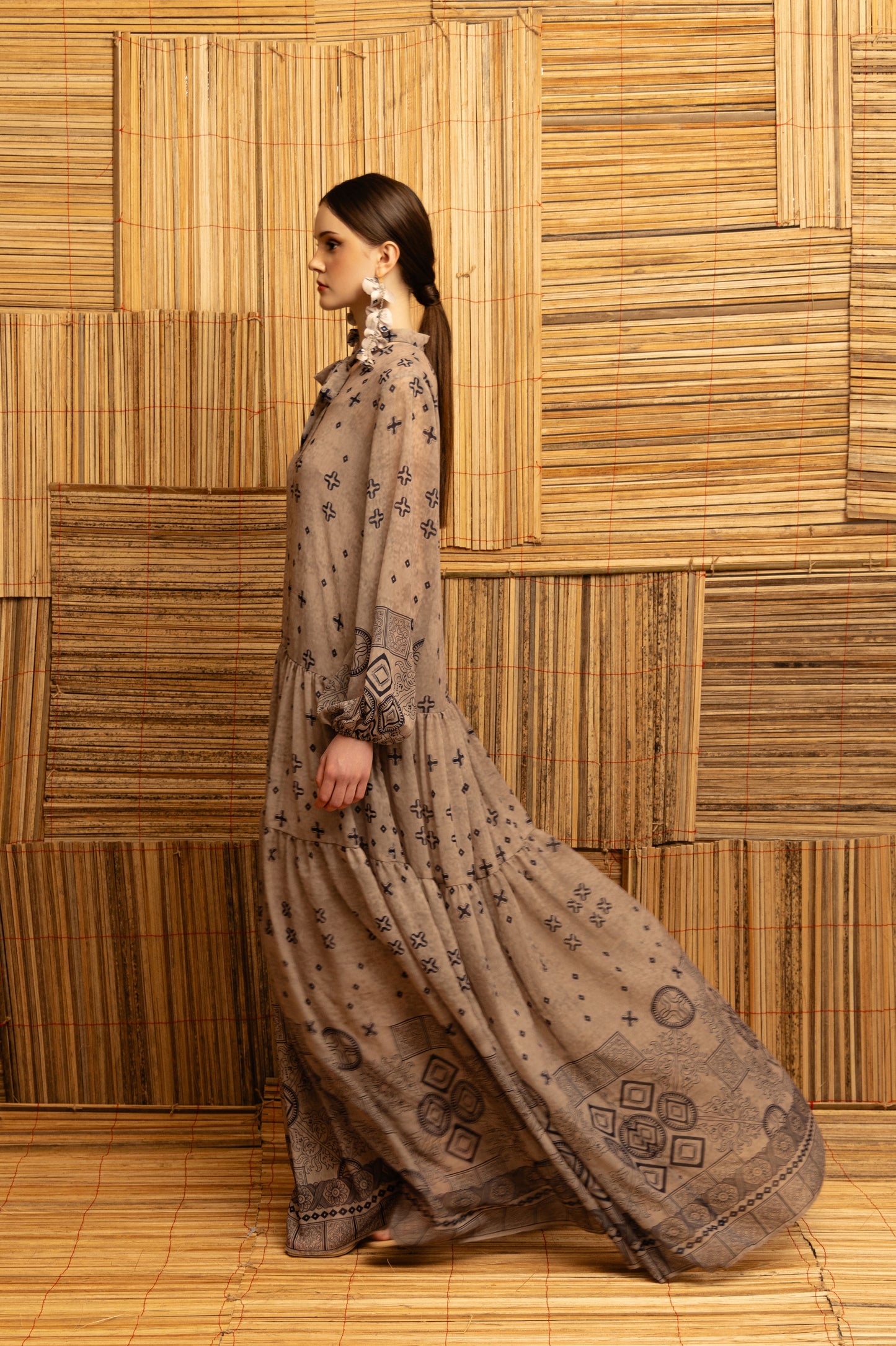 VT 8884 Lawa Chiffon Gathered Long Dress in Wheat