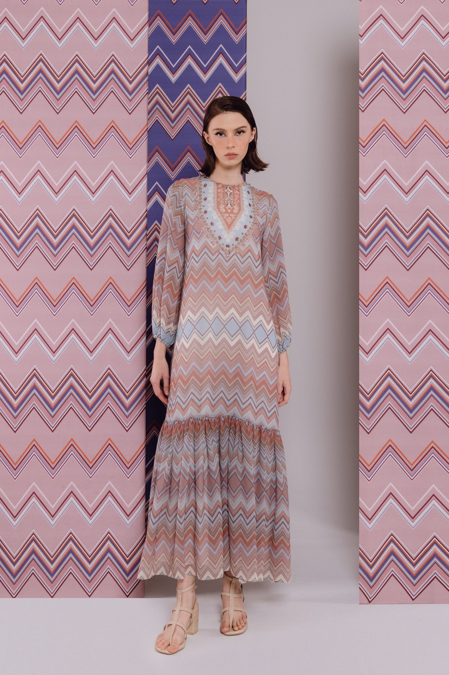 VT 8735 Sepa Gathered Chiffon Maxi Dress