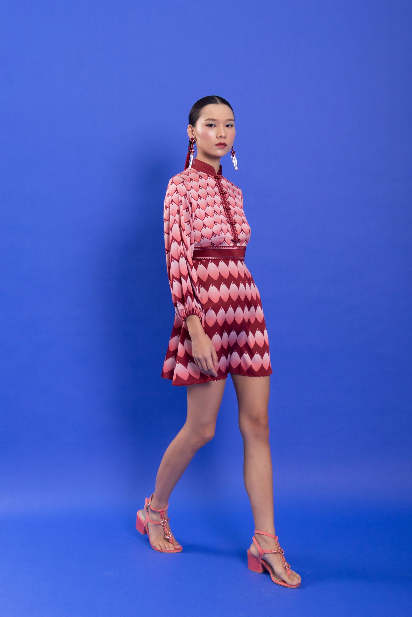 VT 8574 Ping Satin Mini Dress with Puffed Sleeve
