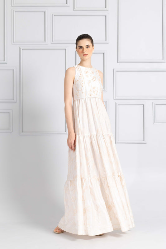 VT 8771 Satin Embroidered Gathered Long-dress