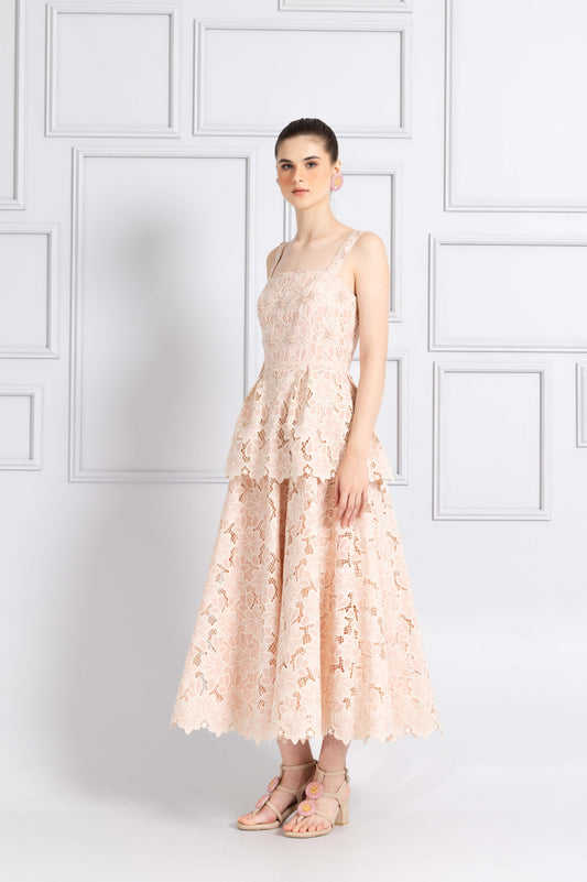 VT 8760 Floral Embroidered Midi Dress in Blush