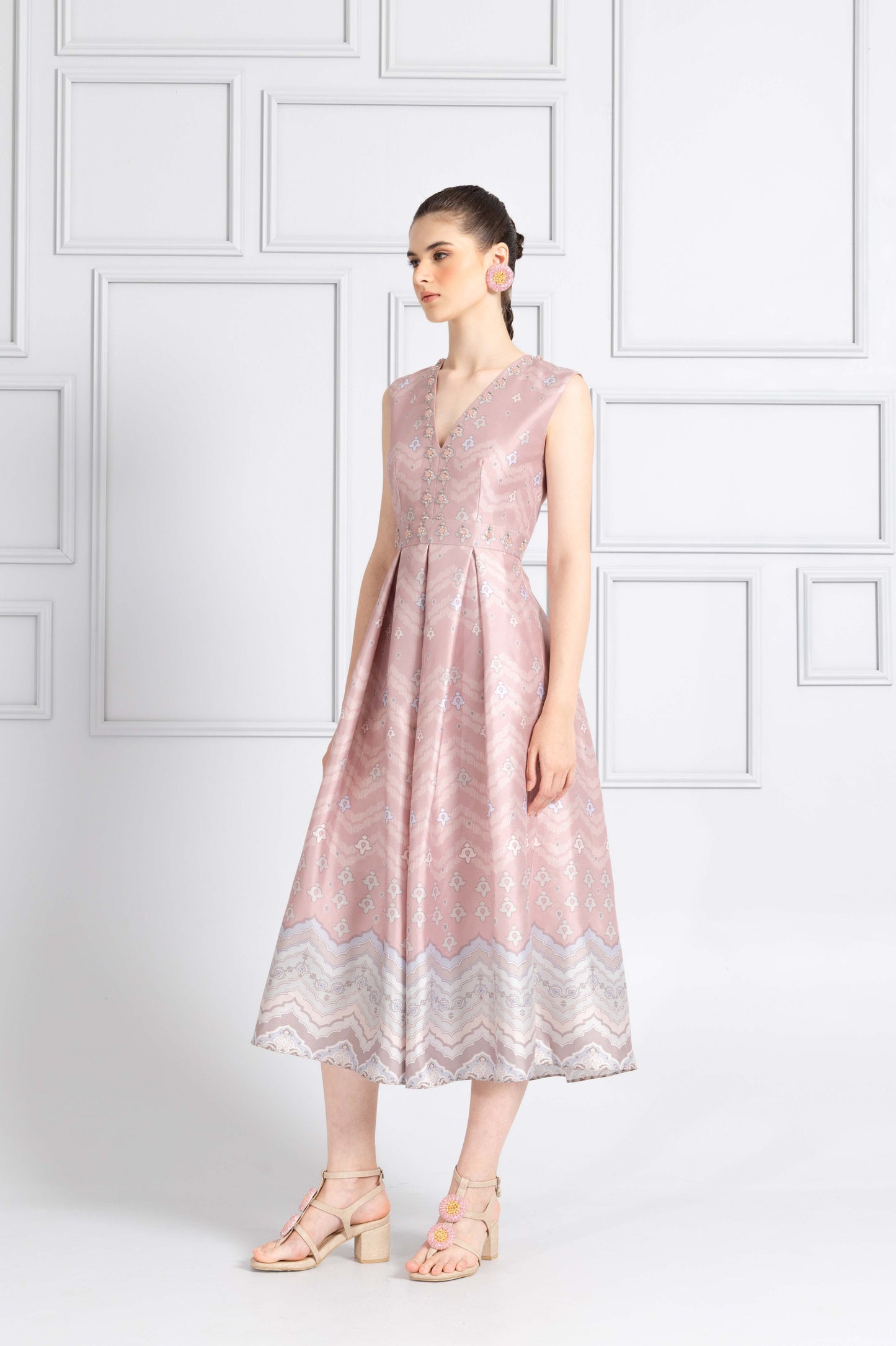 VT 8744 Danum Shantung Pleated Midi-dress in Blush