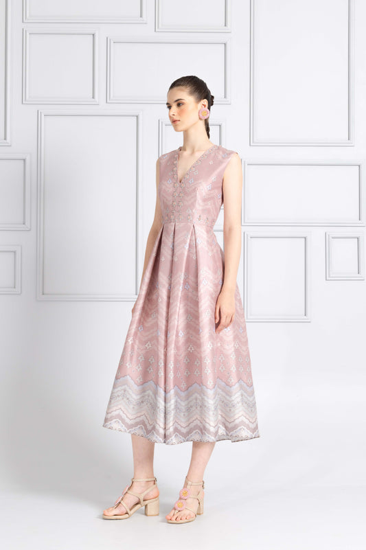 VT 8744 Danum Shantung Pleated Midi-dress in Blush