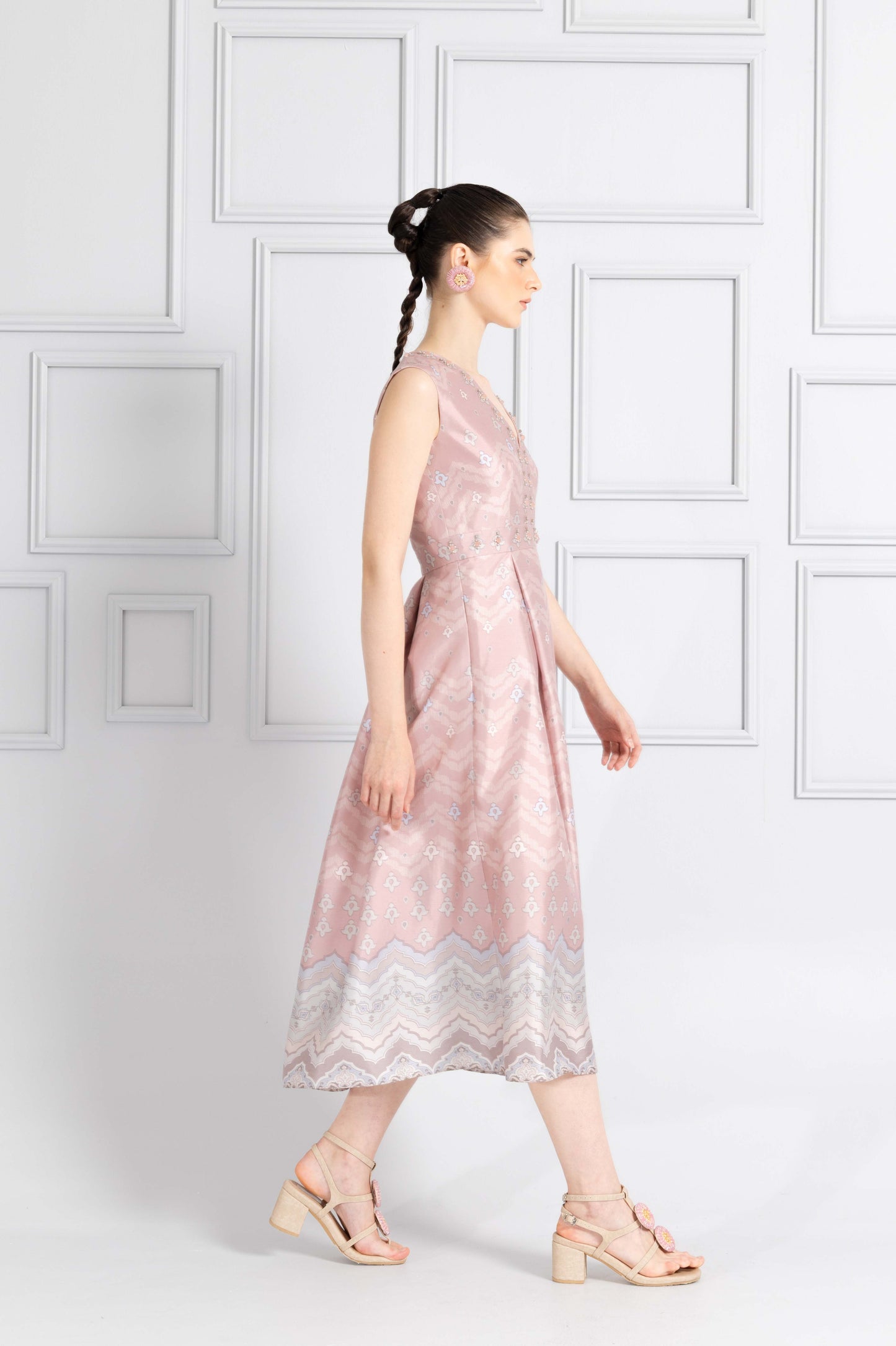 VT 8744 Danum Shantung Pleated Midi-dress in Blush