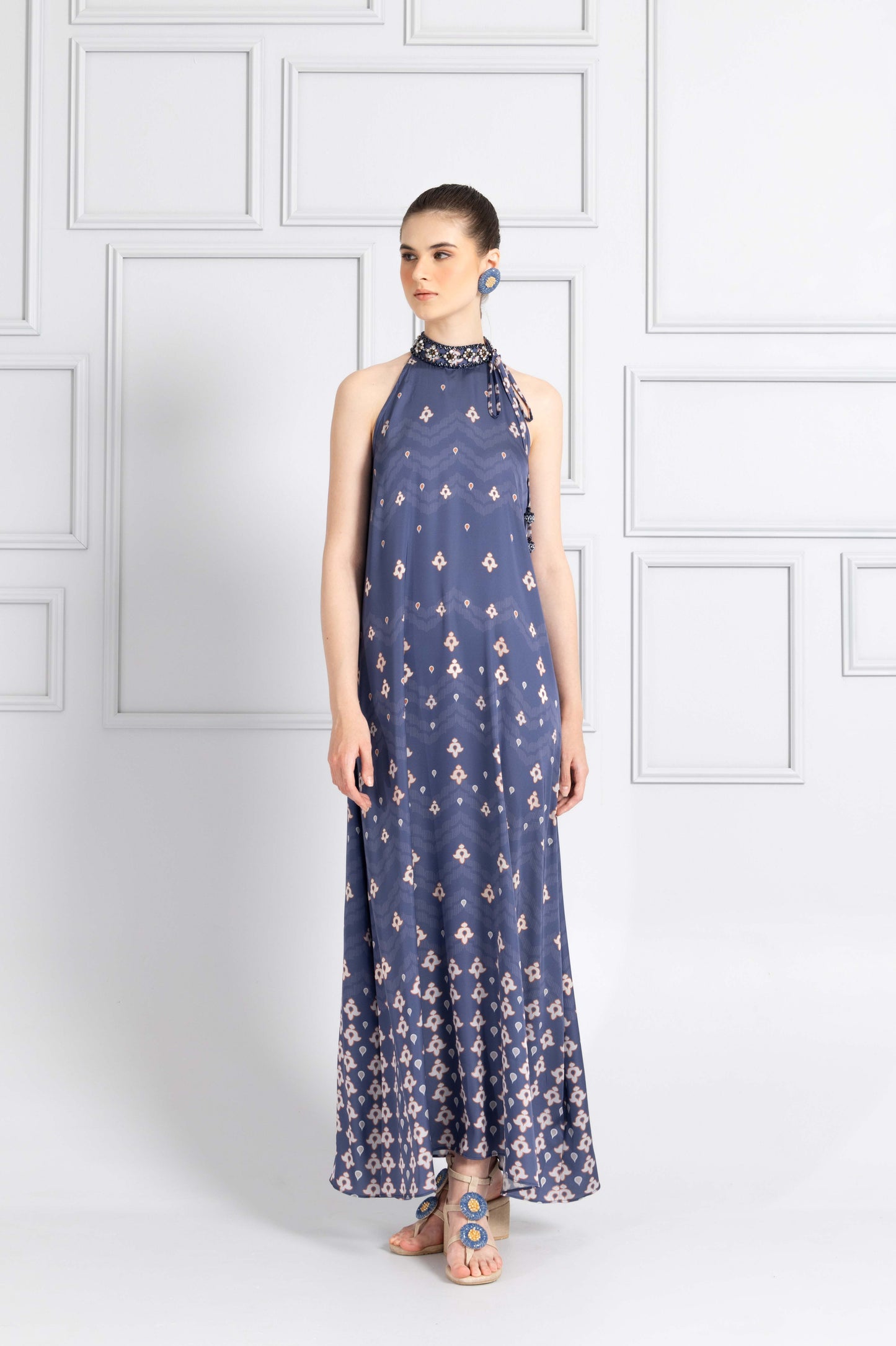 VT 8769-1 Danum Satin Halter Dress in Blue