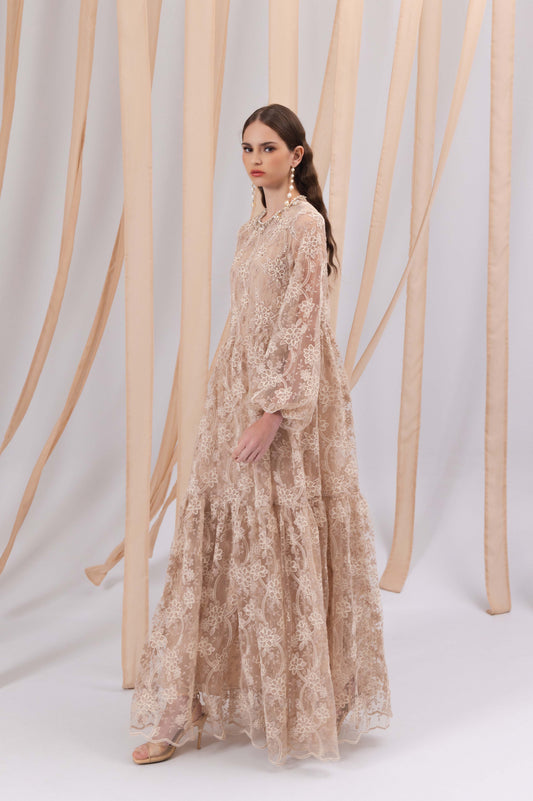 VT 8862 Brocade Maxi Dress in Pink