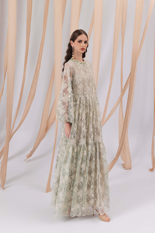 VT 8862-1 Brocade Maxi Dress in Green