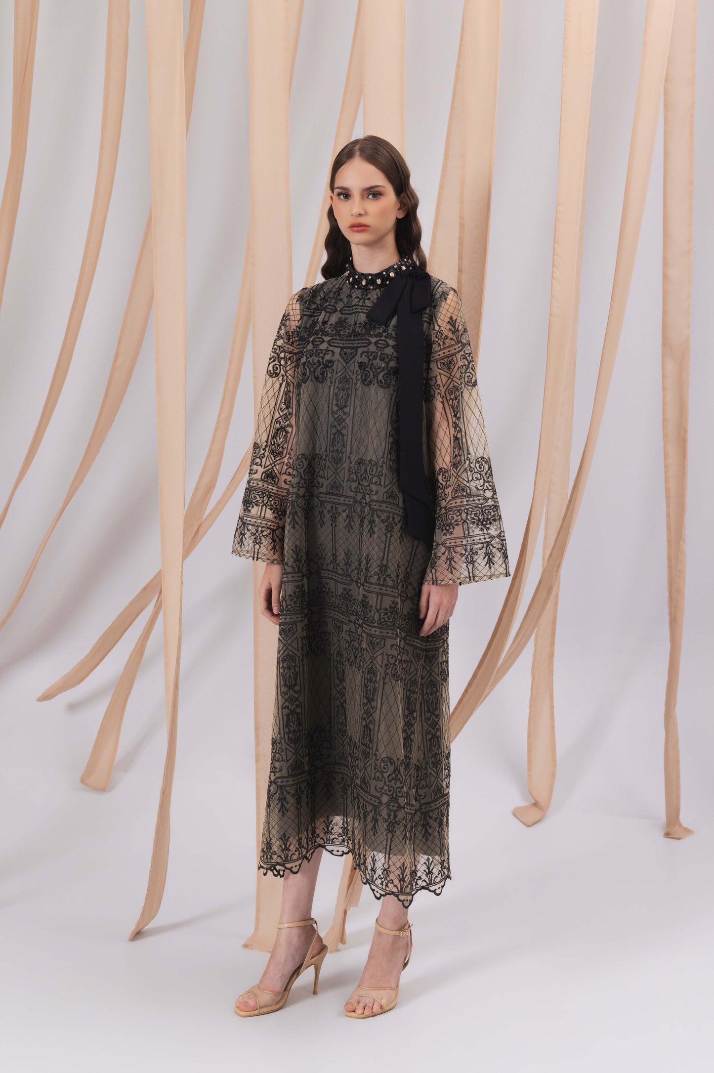 VT 8847 Brocade Midi Dress in Black