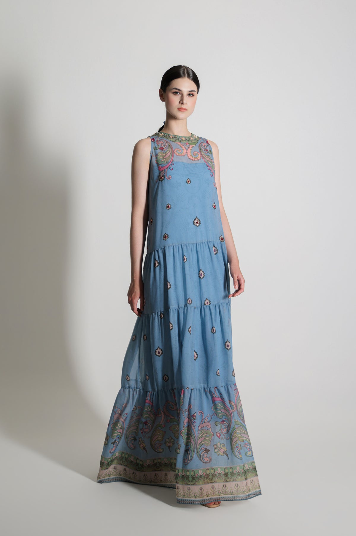 VT 8906-1 Arut Chiffon Halter Dress in Sky Blue