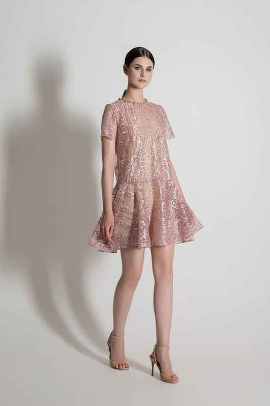 VT 8898-1 Brocade Mini Dress in Pink