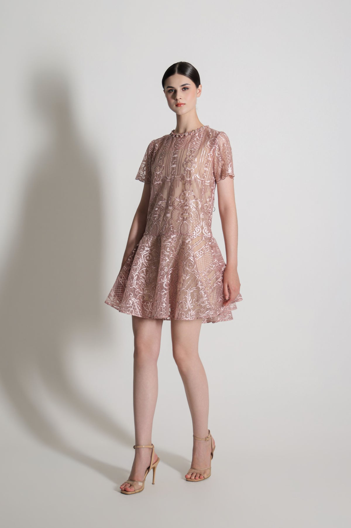 VT 8898-1 Brocade Mini Dress in Pink