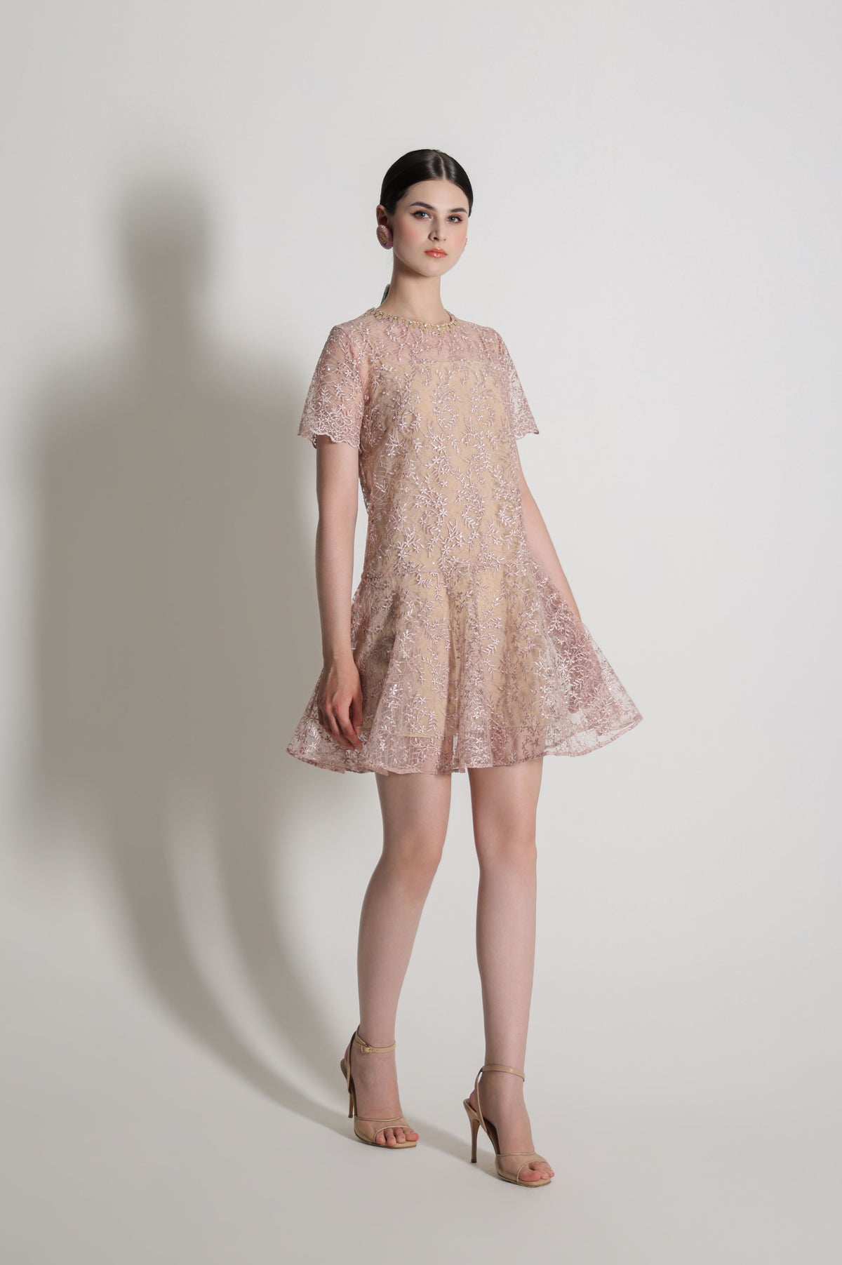 VT 8898 Brocade Mini Dress in Blush Pink