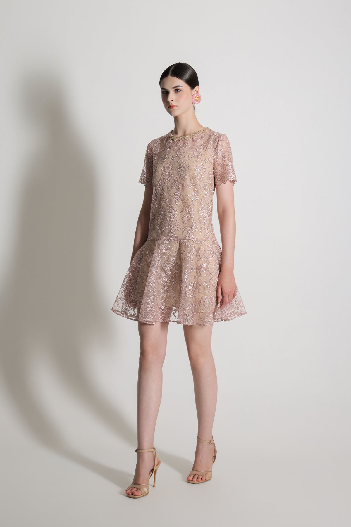 VT 8898 Brocade Mini Dress in Blush Pink