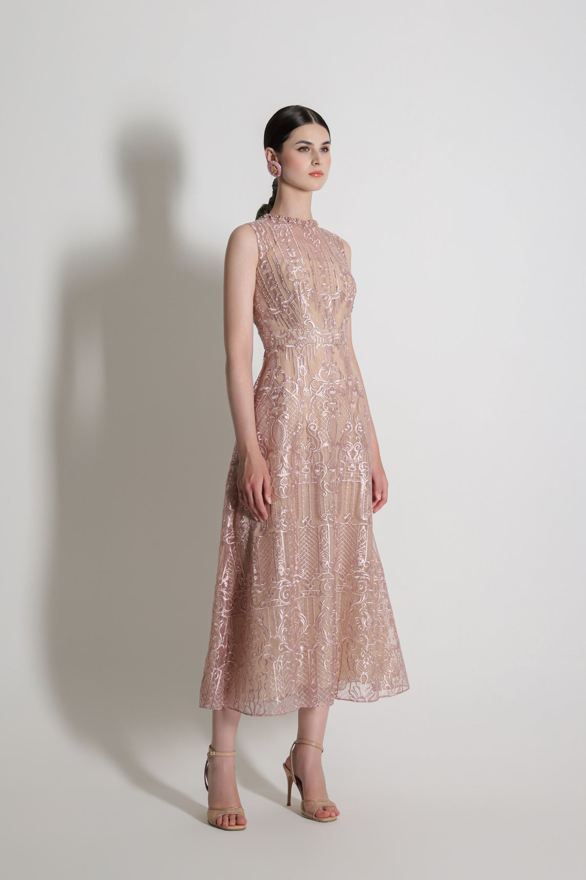 VT 8900 Brocade Sleeveless Dress in Pink