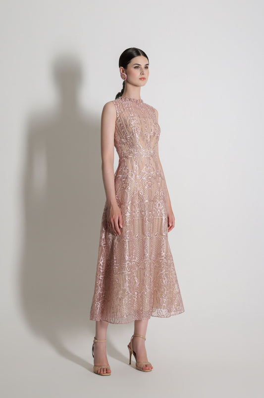 VT 8900 Brocade Sleeveless Dress in Pink
