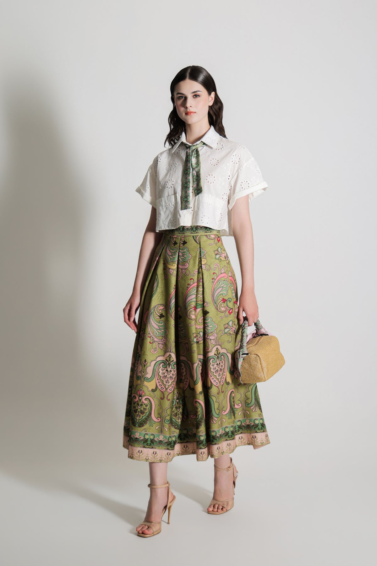 VT 8917 / VT 8916-2 Cotton Brocade and Sahei Skirt Green Set