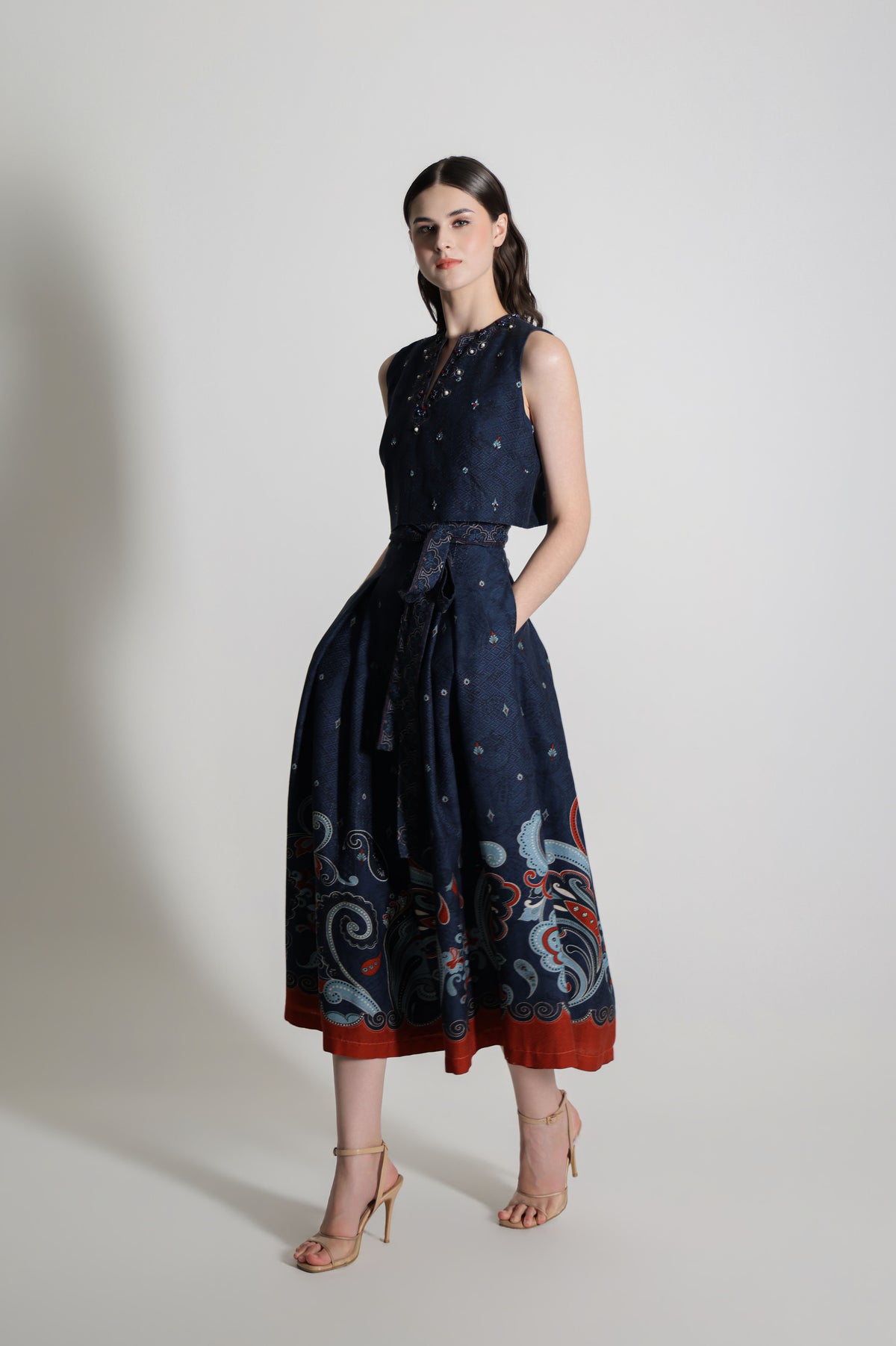 VT 8915 / VT 8916 Kanya Crop-top And Skirt in Blue Set