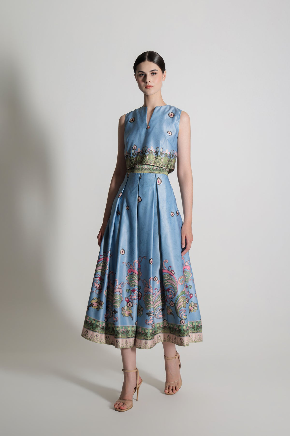 VT 8915-1 / VT 8916-1 Arut Satin Crop-top and Skirt in Sky Blue Set