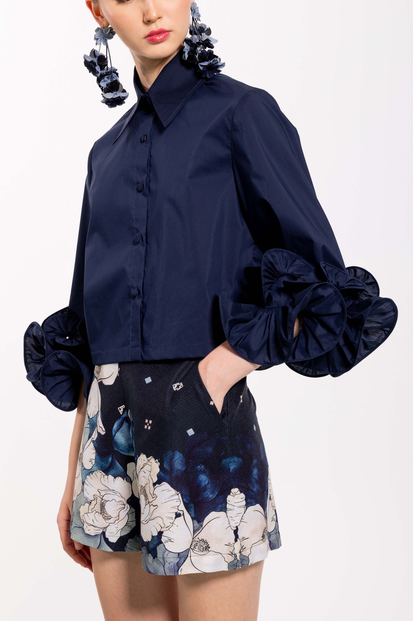 VT 8793 Cotton Shirt with Ruffles in Navy
